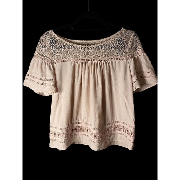 BB Dakota Penny Lace Short‎ Sleeve Top Size Medium Dusty Rose - Picture 2 of 10